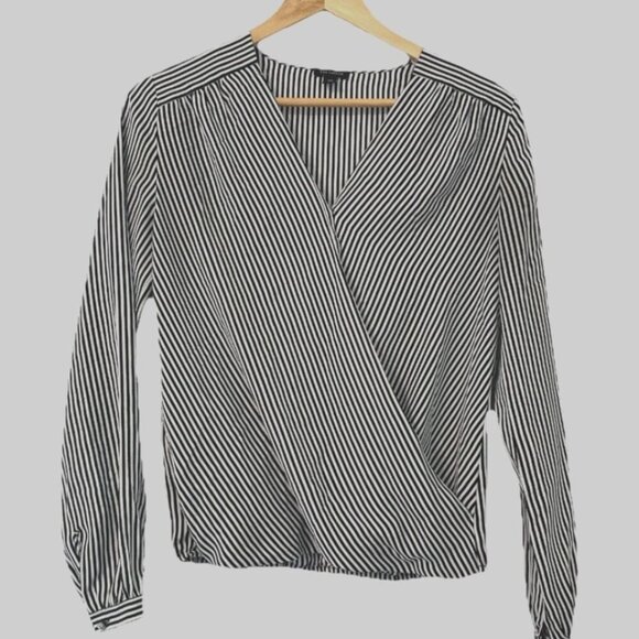 Ann Taylor Women's XS Career Black White Stripe Long Sleeve Wrap V-Neck Blouse - Picture 1 of 5